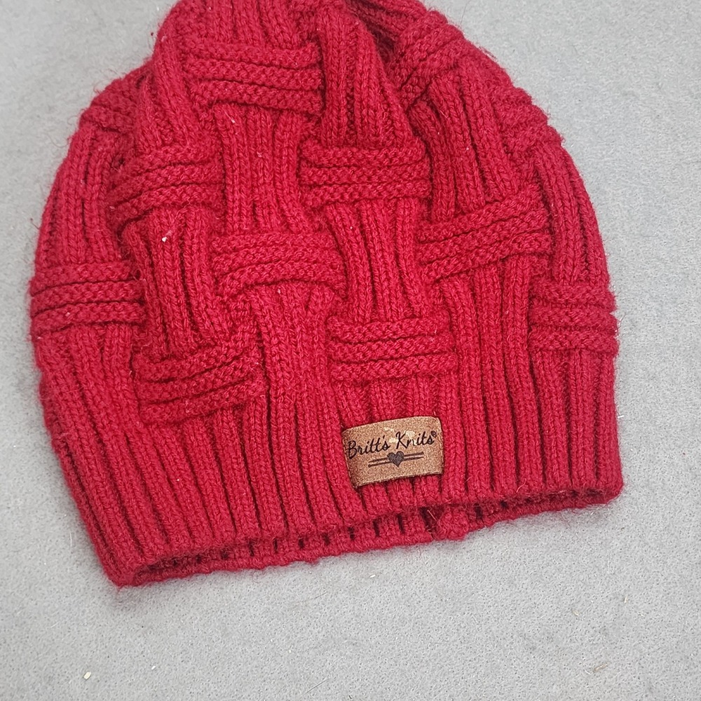 Britt's Knits Beanie Red Basketweave Cable Knit Winter Hat Women OSFM